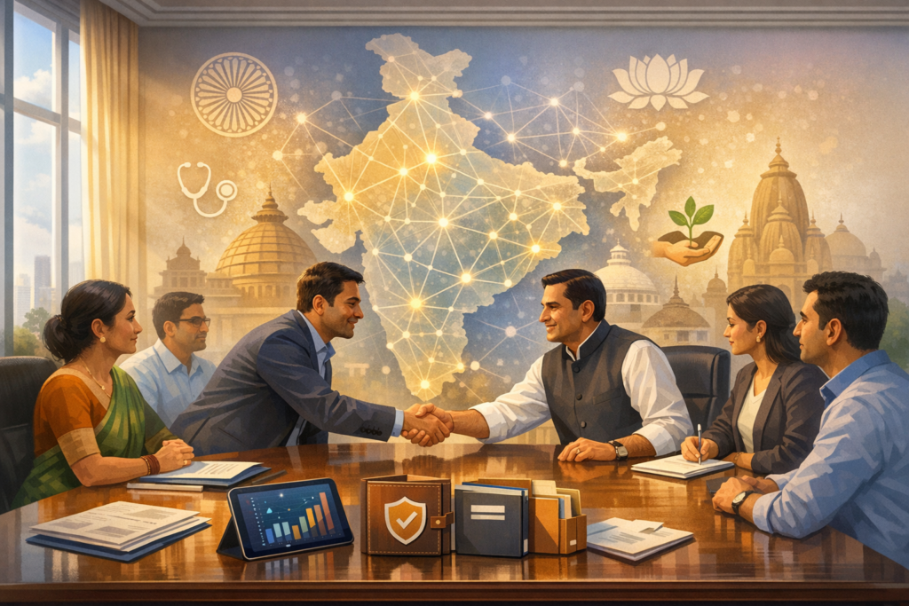 Leaders in an Indian boardroom shake hands as a glowing network map of India fills the wall, signaling digital infrastructure, policy partnerships, healthcare, security, and sustainable growth.