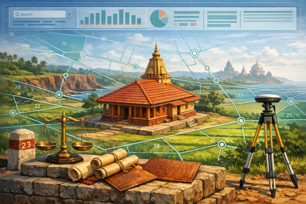 Countryside temple by rice fields with survey tripod, justice scales, and rolled deeds under GIS charts, illustrating cadastral mapping, digital land records, property rights, and heritage governance.