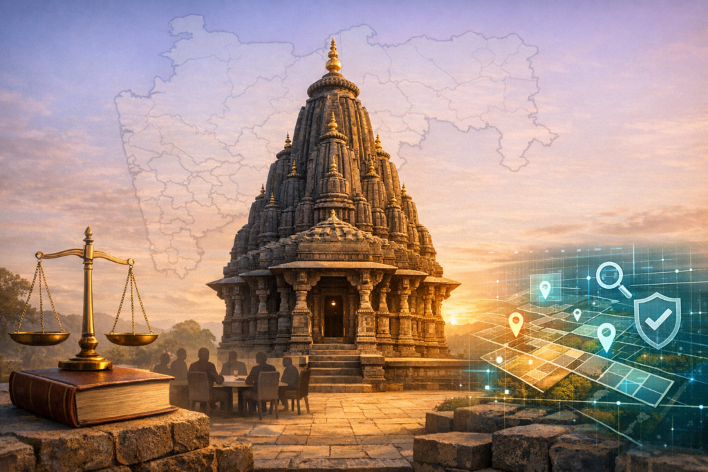 Ancient stone temple at sunset with a faint Maharashtra map, a brass justice scale on a law book, silhouetted meeting, and a glowing digital land-map with pins and shield, symbolizing land governance reforms.