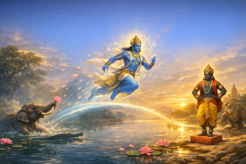 Blue-skinned, Vishnu-inspired deity leaps over a sunrise river toward a robed figure on a pedestal; an elephant lifts a lotus as a crocodile glides near water lilies—Hindu mythology, Indian art.