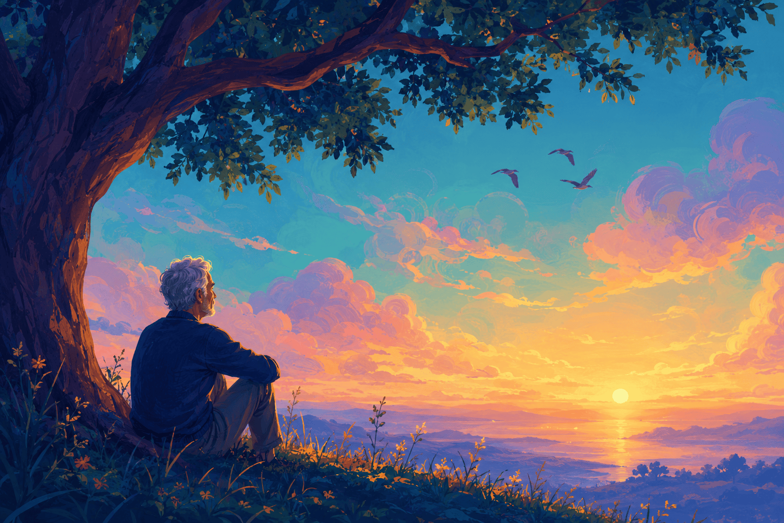Illustrated scene of an older adult resting under a large tree on a hillside, watching a golden sunset over distant hills and water as birds glide by, a calm scene of patience, calmness, and wisdom.