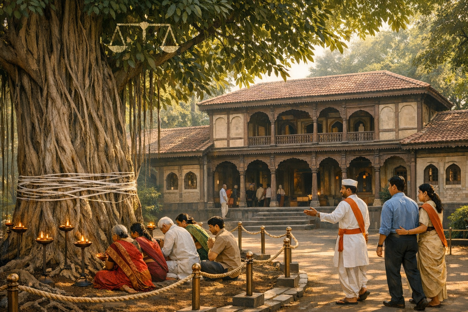 People pray beneath a banyan tree wrapped with white threads and ringed by lit oil lamps, beside a historic courtyard building with carved arches; Indian heritage, culture, spirituality, travel.