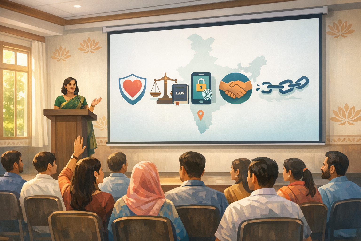 Community workshop in India on public policy: a woman in a green sari presents icons for safety, justice, law, data privacy, partnership, and a broken chain on a map, as the audience raises hands.