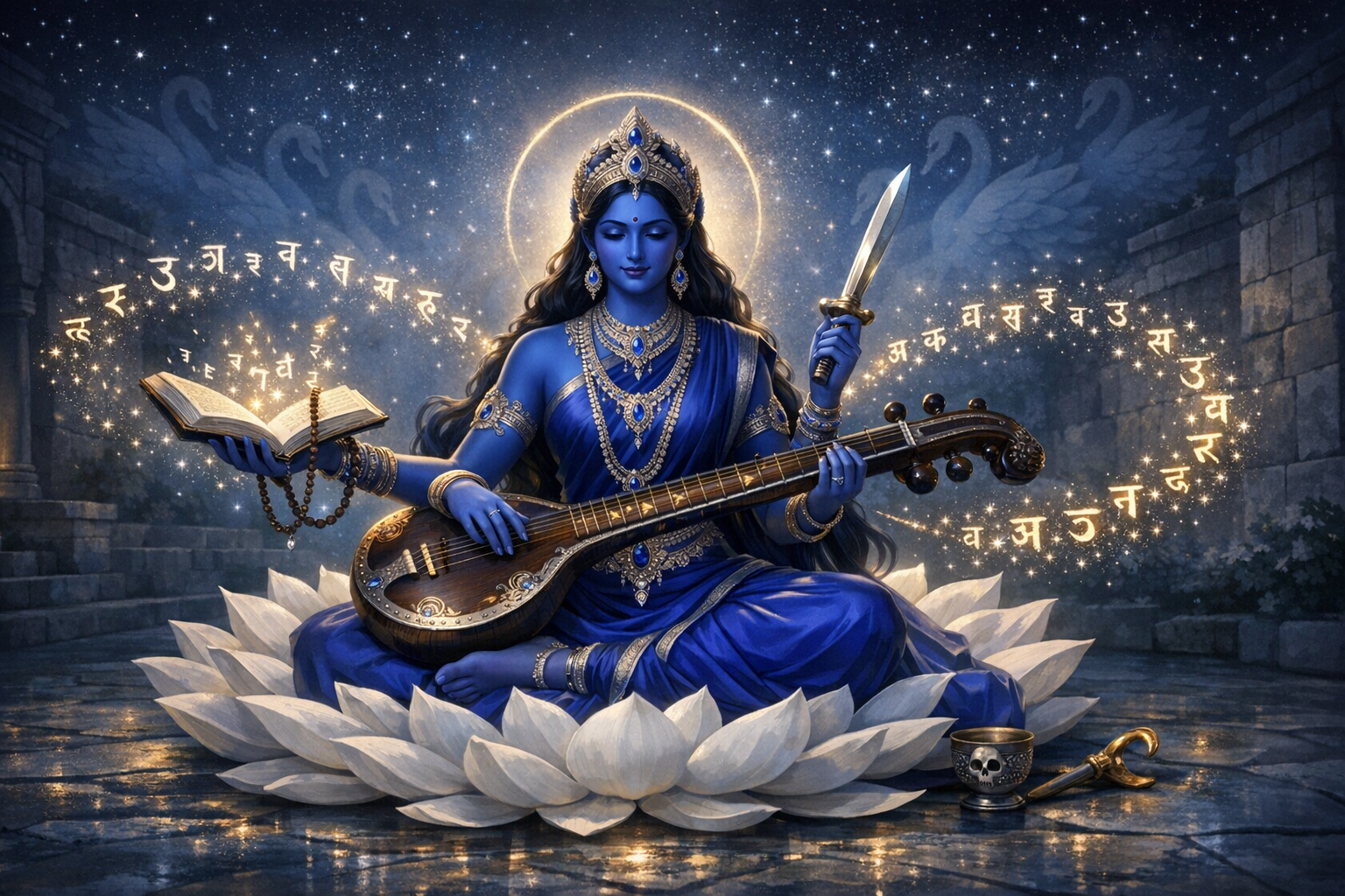 Digital artwork of Hindu goddess Saraswati on a white lotus beneath a starry sky, haloed, playing a veena as a book and rosary float, sword raised; Sanskrit letters swirl, swan forms fade into stone walls.