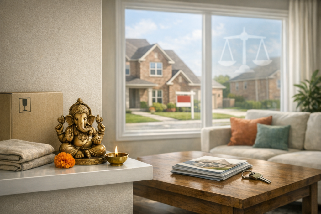 Cozy living room with brass Ganesha statue, lit diya and marigold by moving boxes; keys and brochures on wooden table; big window shows suburban house with for-sale sign and justice scales icon.