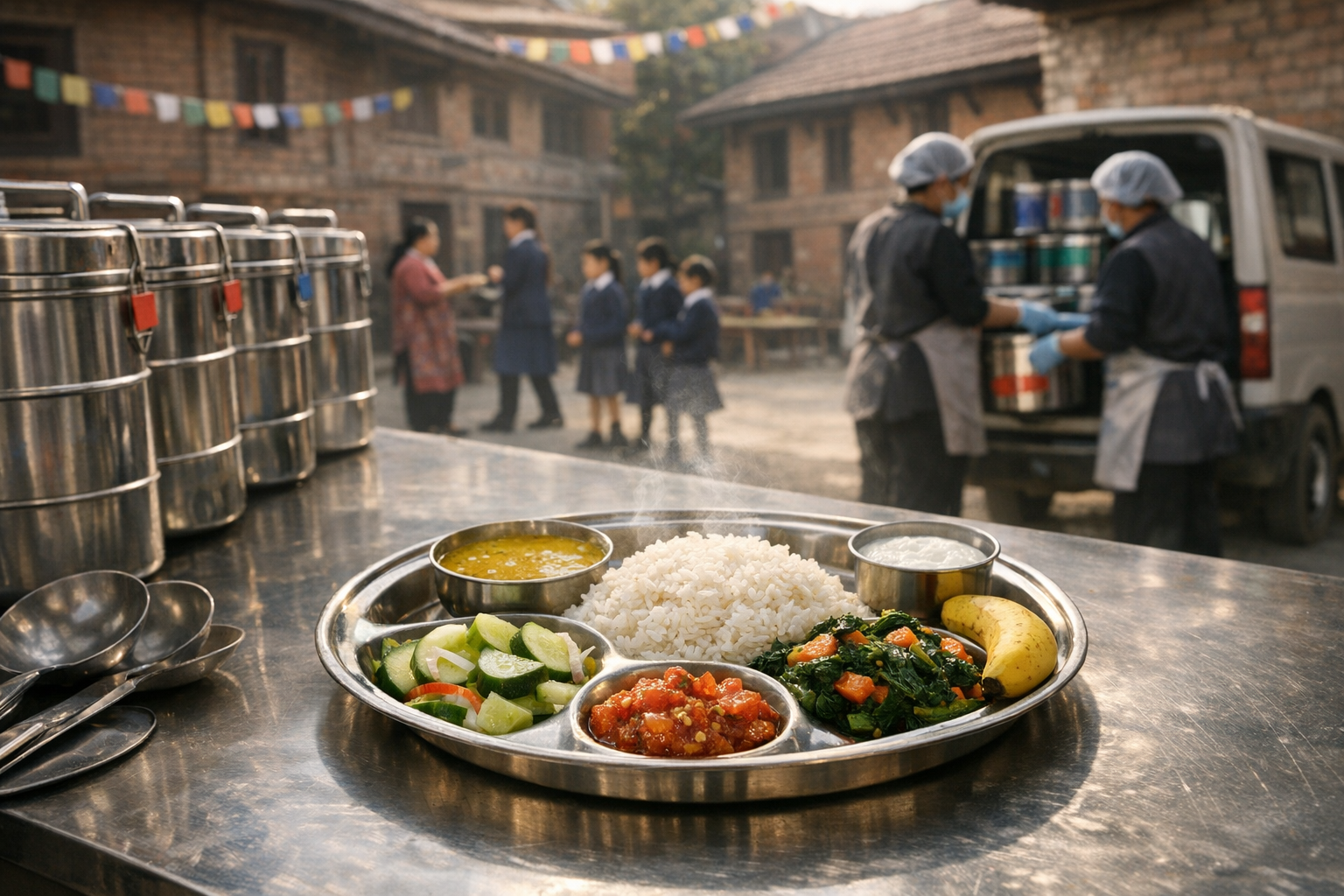 Steel thali with steaming rice, dal, salad, sautéed greens, chutney, yogurt, and a banana on a canteen table, as school staff and students gather in a brick courtyard for a school meal.
