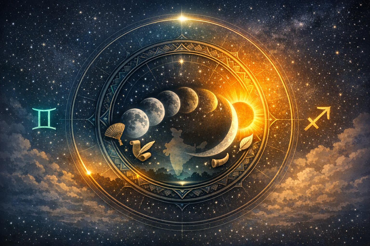 Celestial artwork shows moon phases arcing to a radiant sun inside an ornate zodiac wheel, flanked by Gemini and Sagittarius symbols, with scrolls and leaves over stars and a faint map of India.