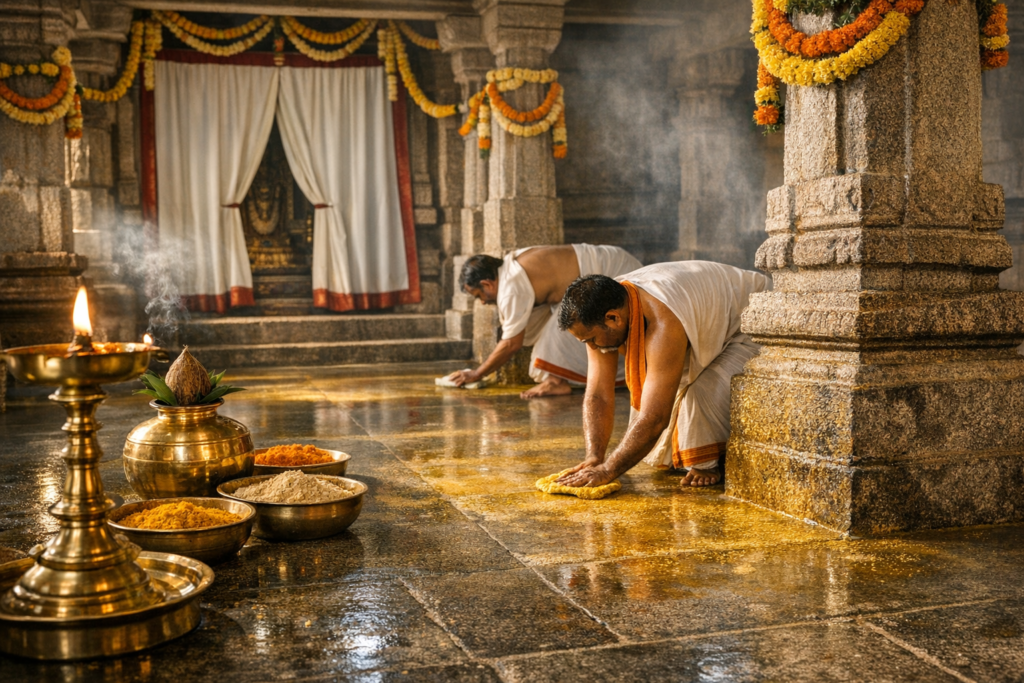 Two temple attendants in white dhotis scrub a wet stone floor during ritual cleaning; a lit brass lamp, kalash, and bowls of turmeric, kumkum, and sandalwood sit under marigold garlands.