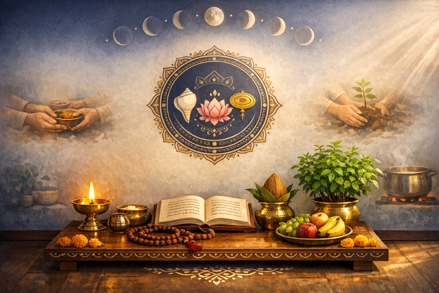 Home puja altar with brass diya, open scripture, rudraksha mala, tulsi plant, coconut, and fruit offerings; behind, a lotus–conch mandala, lunar phases, hands sharing food and planting, and sunlit cooking steam.