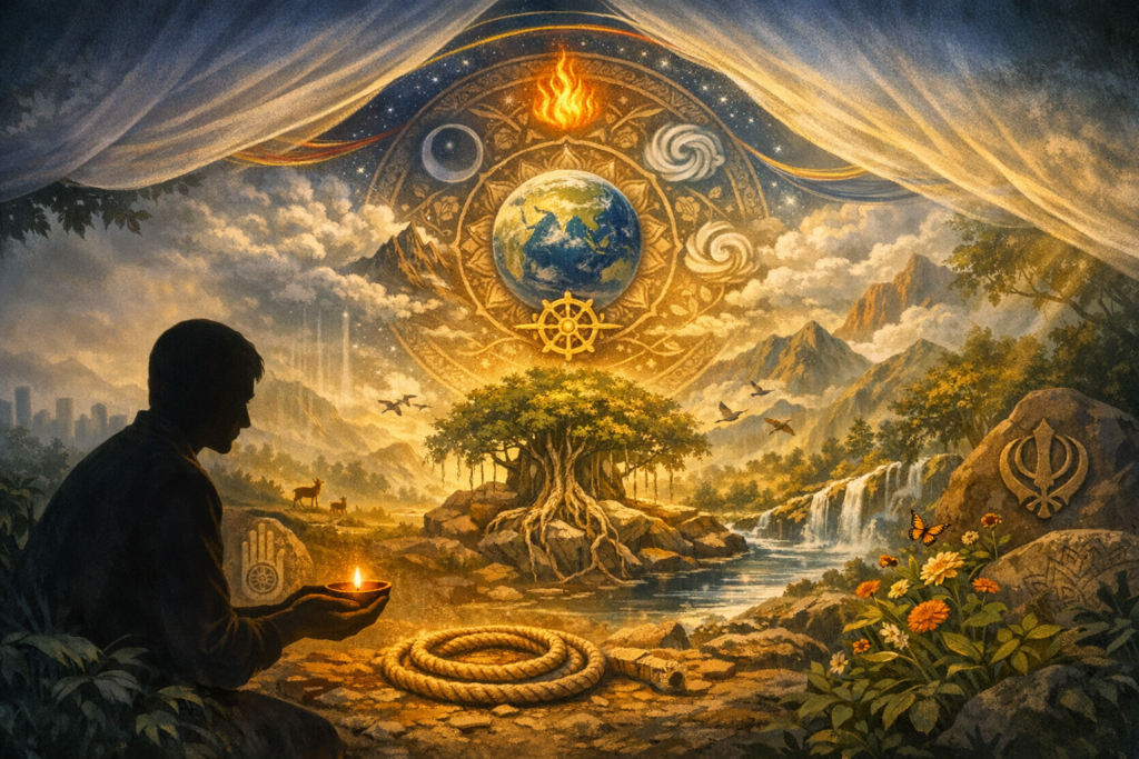 Illustrated scene of a person holding an oil lamp before a tree and river, beneath a mandala with Earth, moon, fire, and a dharma wheel; Jain and Sikh symbols suggest interfaith spirituality, nature.