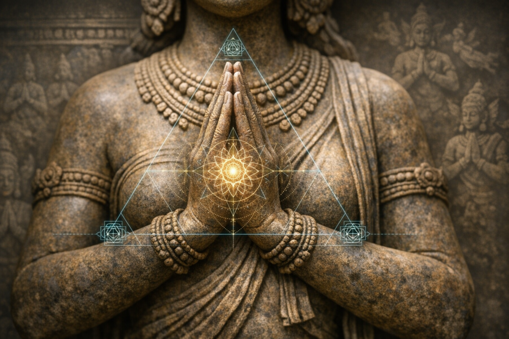 Stone statue of a serene figure with hands in anjali mudra, beads and bangles, overlaid by a glowing heart-centered mandala and triangle—evoking meditation, mindfulness, yoga, spirituality.