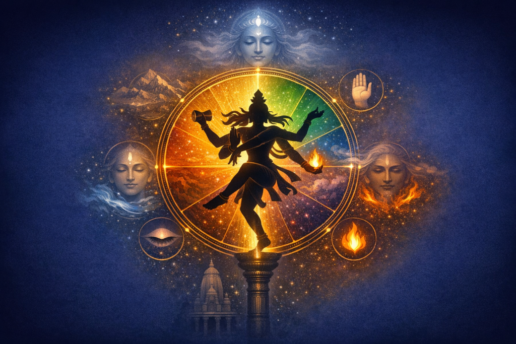 Silhouette of Shiva Nataraja dancing inside a radiant cosmic wheel, surrounded by symbols—flame, mudra hand, eye, mountains, and serene faces—above a temple in a starry blue sky.