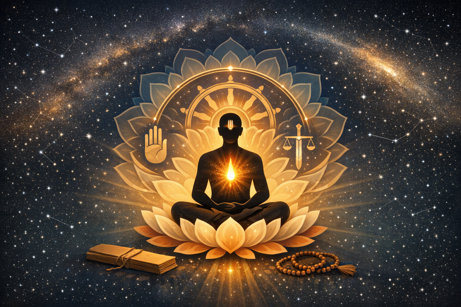 Silhouette meditating on a glowing lotus under a starry galaxy, framed by a mandala and dharma wheel; ahimsa hand, justice scales, palm-leaf texts, and mala beads suggest inner light and ethics.