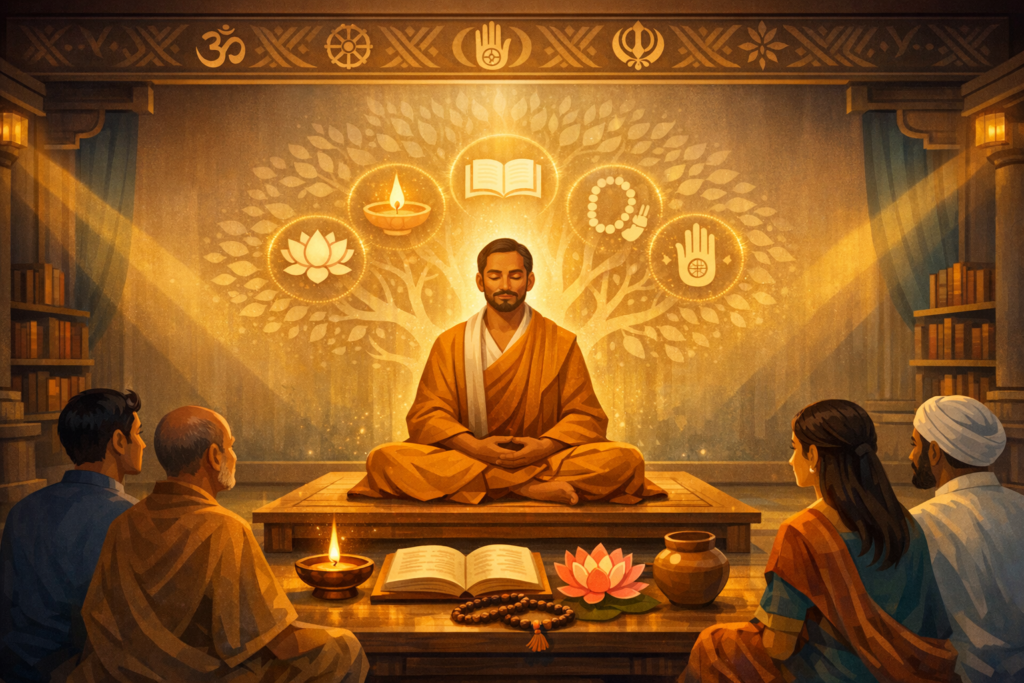 Monk in saffron robes meditates on a dais as four listeners gather; golden light reveals a tree of symbols—lotus, lamp, book, beads, Om, dharma wheel, khanda, and Jain hand—in a book-lined hall.