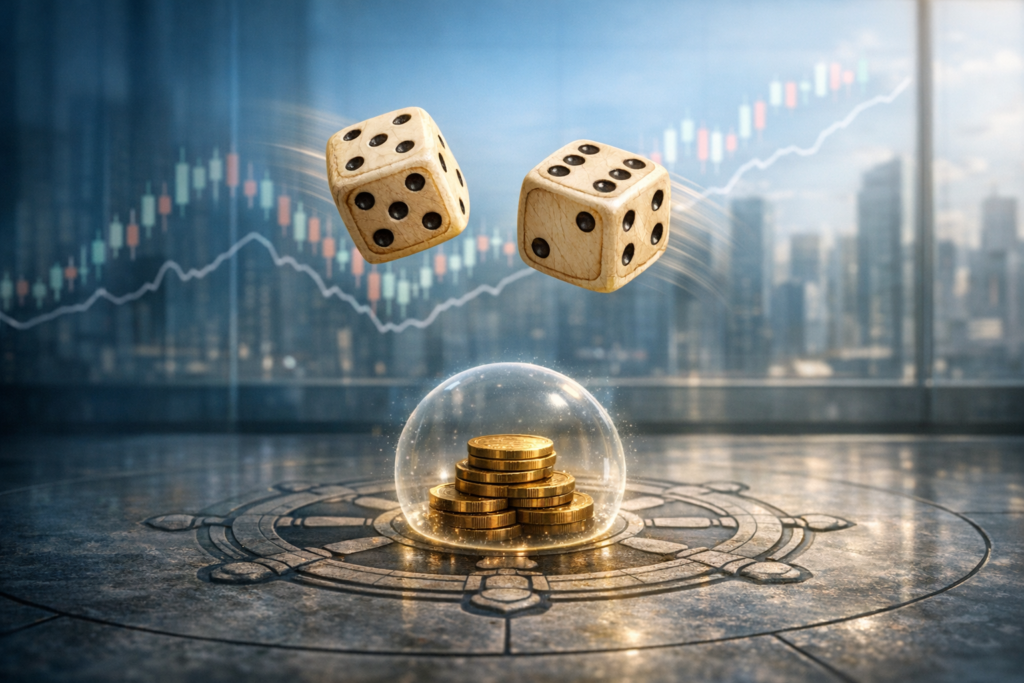 Two dice roll above a glass dome shielding stacked gold coins on a compass-like floor, with a blurred city skyline and candlestick chart, signaling investing risk, volatility, and hedging.