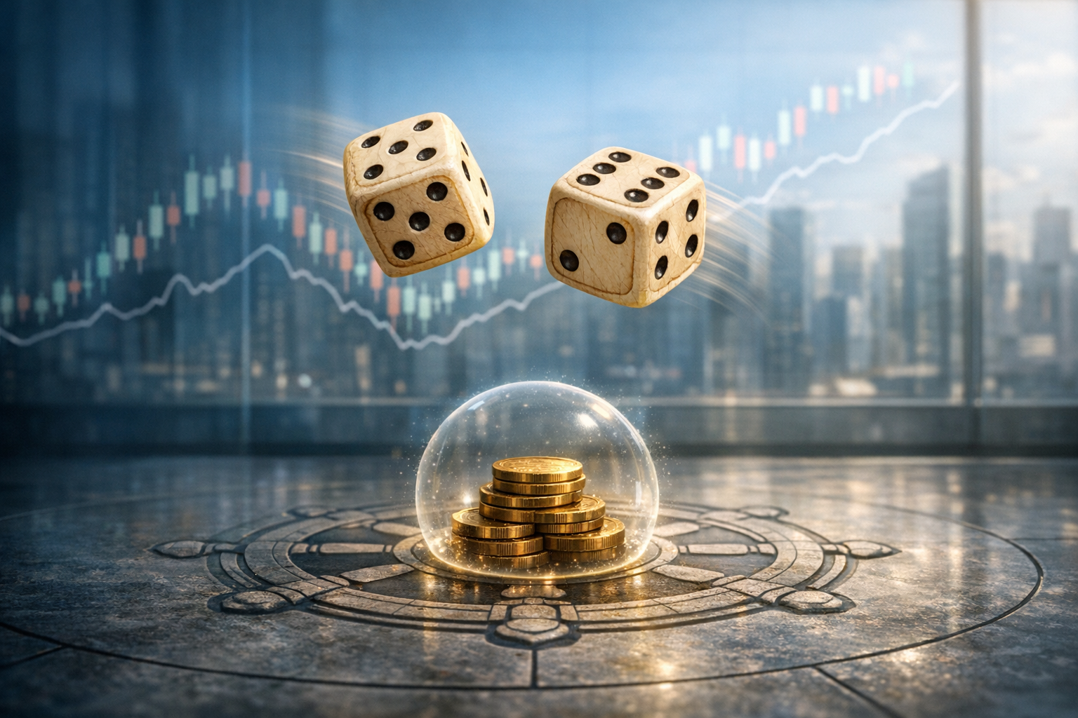 Two dice roll above a glass dome shielding stacked gold coins on a compass-like floor, with a blurred city skyline and candlestick chart, signaling investing risk, volatility, and hedging.