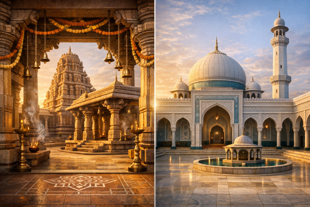 Side-by-side view of a stone Hindu-style temple with bells, garlands, and oil lamps at golden hour, and a white-domed mosque with arches, a minaret, and a courtyard fountain, glowing in warm light.