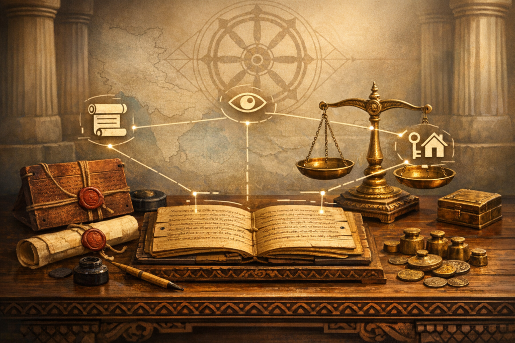 Antique law desk with open manuscript, brass scales of justice, scrolls with wax seals, coins, and quill before courthouse columns and map, symbolizing governance, policy, property, and compliance.