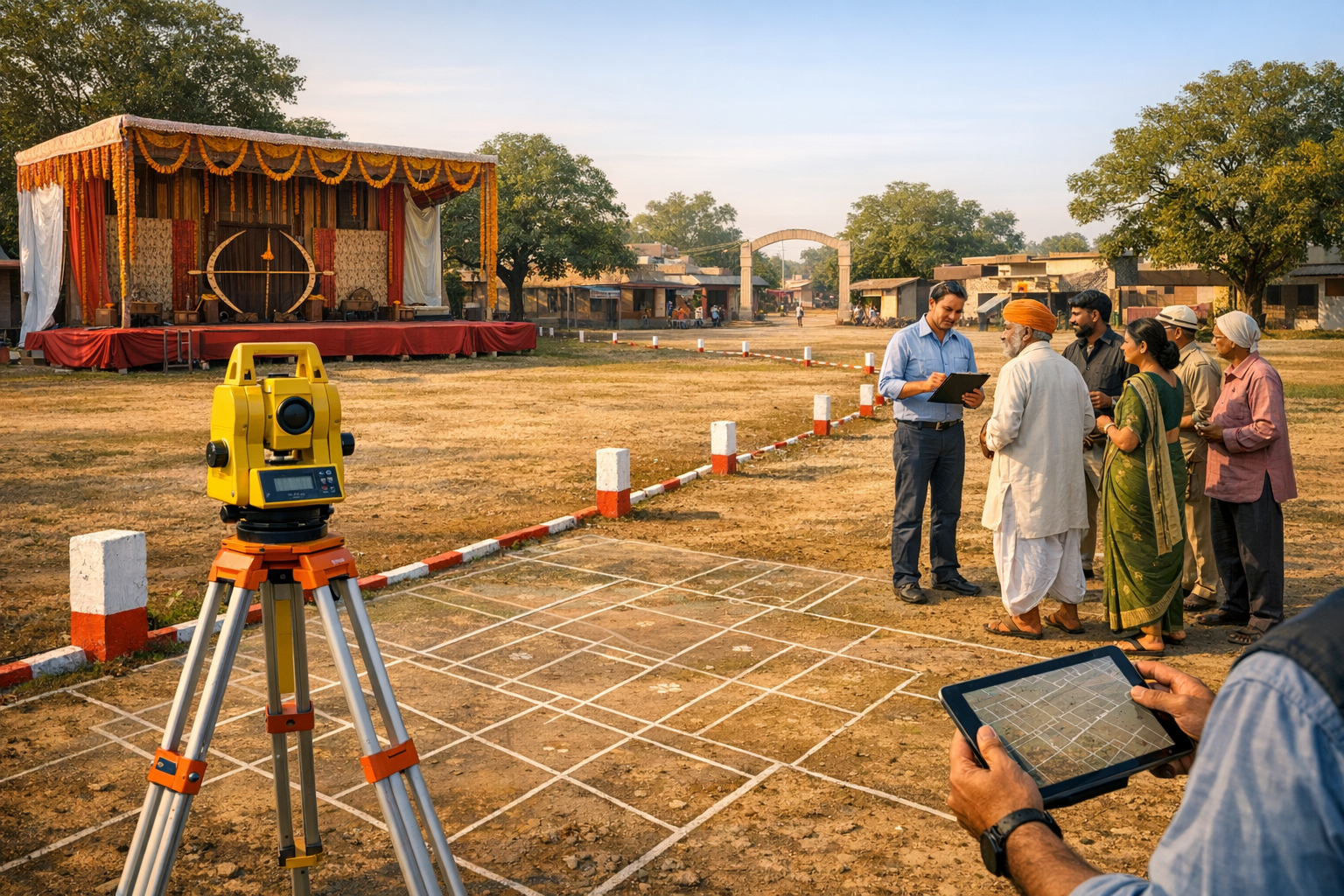 Surveyors map a village field with a total station and tablet as residents consult nearby; chalked grids outline plots, and a decorated stage supports GIS mapping, land-use, and infrastructure planning.