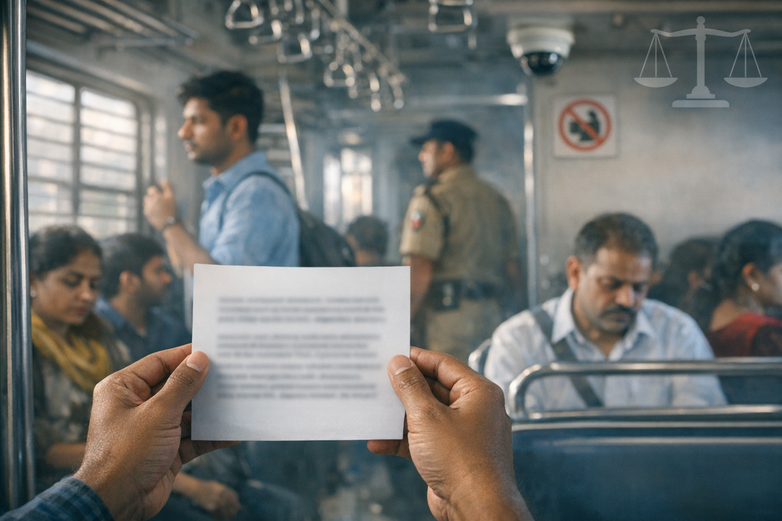 Two hands hold a blurred document on a crowded train; commuters sit and stand as a uniformed officer and ceiling CCTV camera look on, underscoring public transport surveillance and privacy.