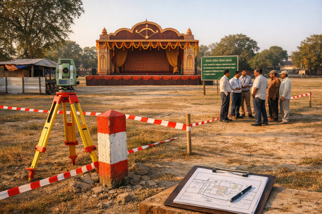 Outdoor site survey for a cultural event: total station on tripod, taped boundary and survey stake, clipboard with layout plan, and stage in background; reviewing land surveying and site planning.