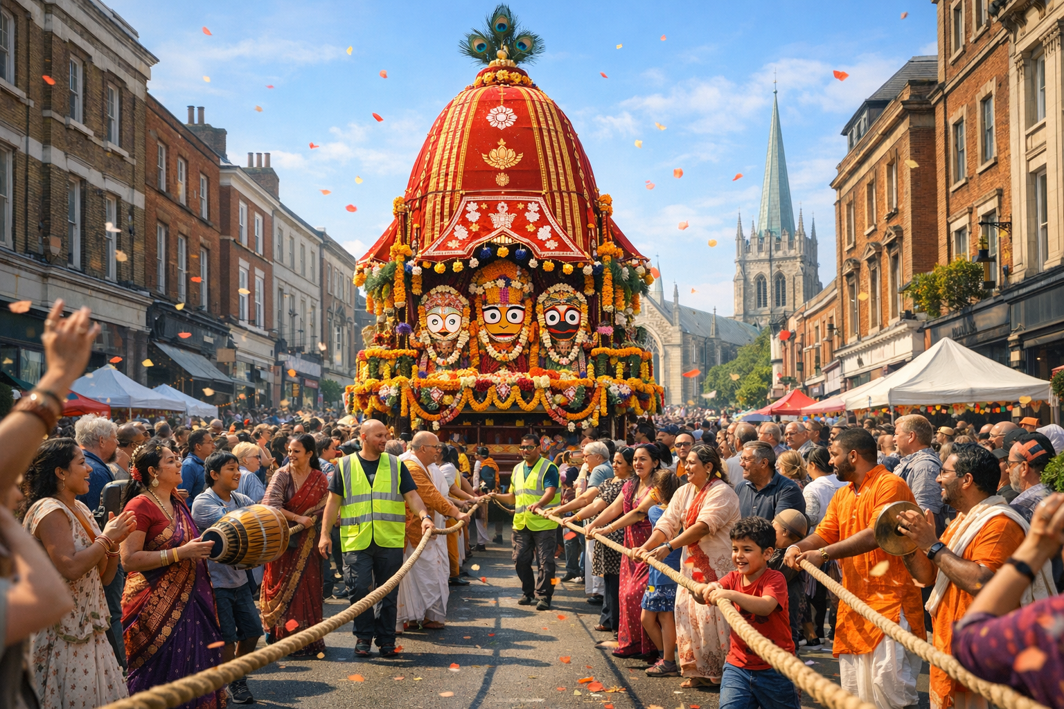 Crowds pull a flower-decked Ratha Yatra chariot with Jagannath, Balabhadra, and Subhadra along a city street; musicians play, petals fall, and a church spire rises behind historic brick shops.