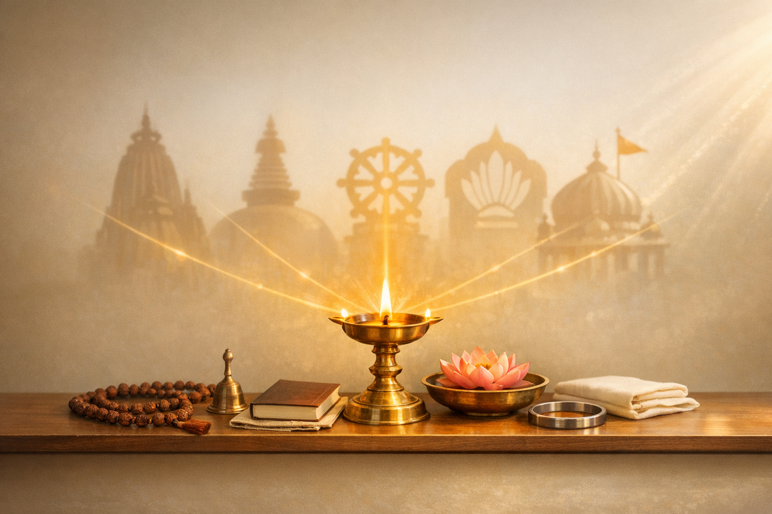 Brass diya burning on a wooden altar with mala beads, hand bell, prayer books, lotus in a bowl, cloth, and steel bangle; warm rays form temple silhouettes and a dharma wheel on the wall.