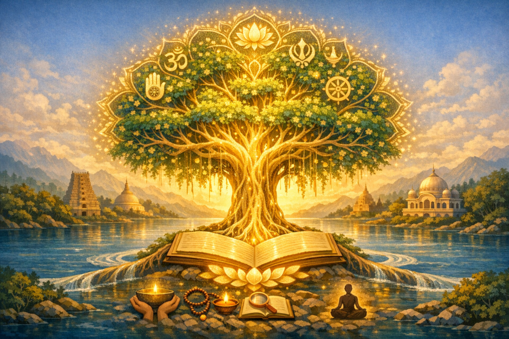 Golden wisdom tree by a river, its canopy bearing interfaith symbols—Om, Khanda, Dharmachakra, Jain hand—above an open book, oil lamps, beads, a meditating figure, and distant temples, mountains.