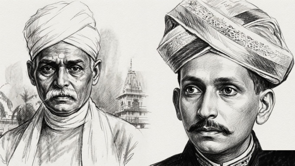 Side-by-side pencil portraits of two dignified men in turbans, with a temple spire between them; crisp black-and-white linework evokes early 20th-century heritage and a reflective tribute.