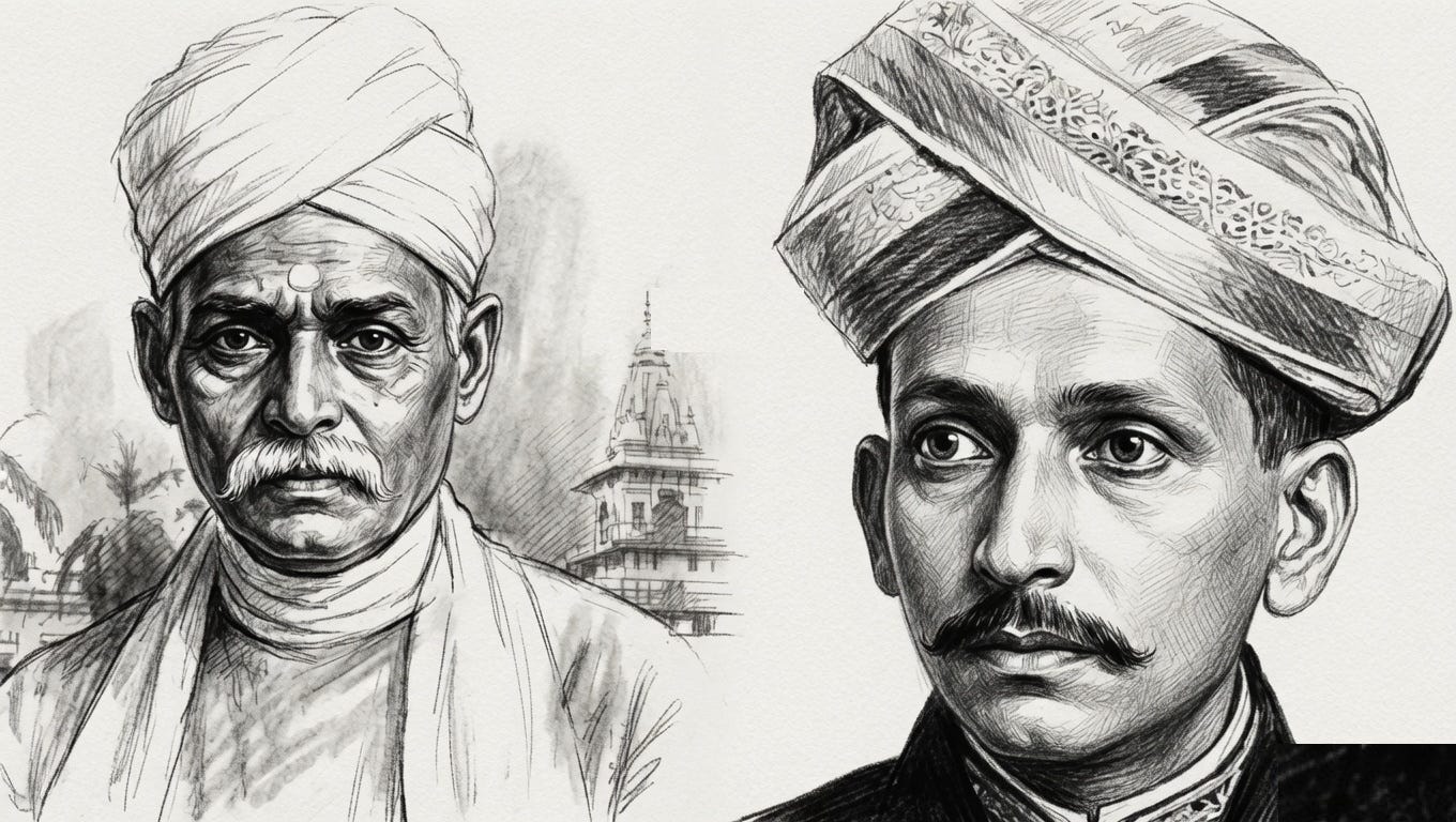 Side-by-side pencil portraits of two dignified men in turbans, with a temple spire between them; crisp black-and-white linework evokes early 20th-century heritage and a reflective tribute.