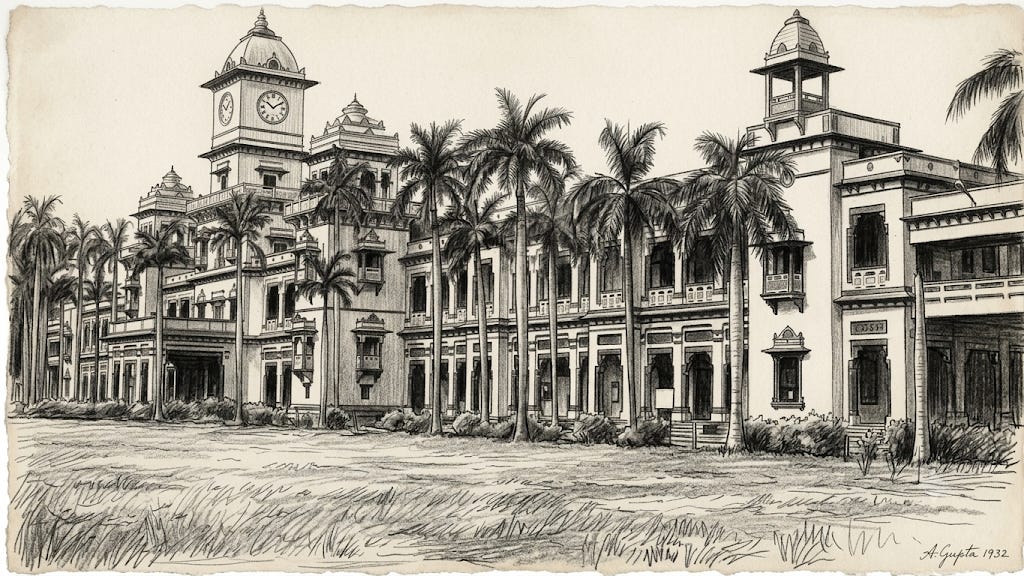 Pen-and-ink drawing of a stately Indian university facade with clock tower, domed pavilions and palm trees, evoking early 20th-century campus architecture; tribute to Malaviya and Visvesvarayya.