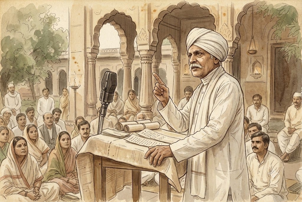 Illustrated orator in a turban speaks at a lectern with a vintage microphone before a seated crowd in an arched Indian courtyard, echoing Visvesvarayya's tribute to Pandit Madan Mohan Malaviya.