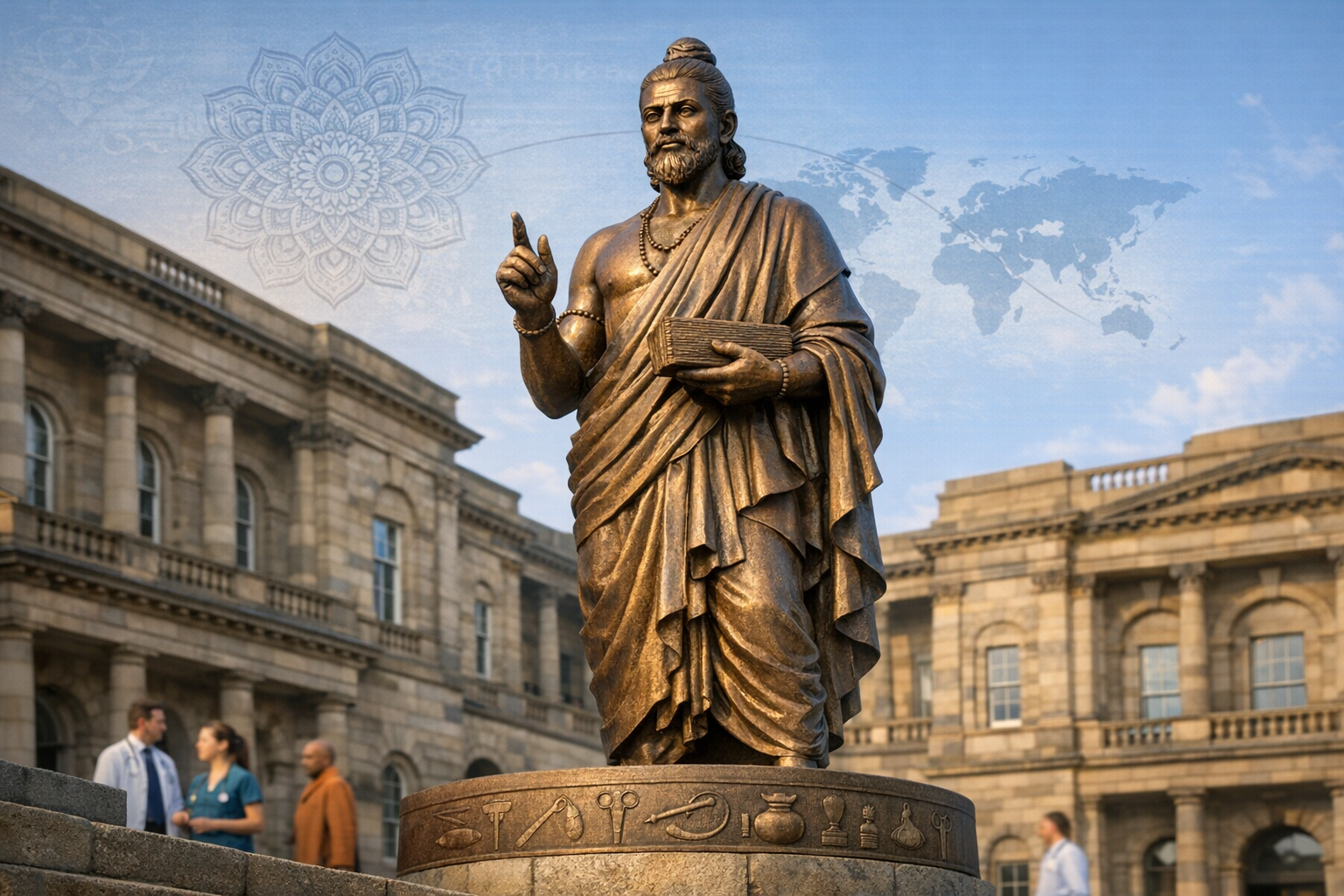 Bronze statue of an ancient robed scholar holding a manuscript and gesturing upward, atop a pedestal etched with medical tools, before neoclassical stone buildings and a faint world map in the sky.