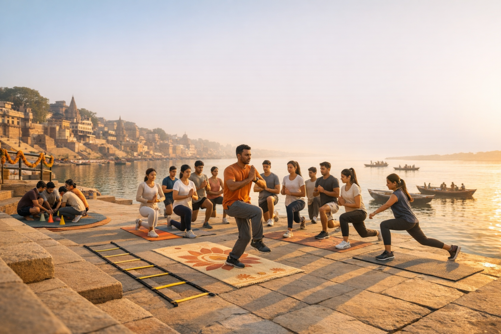 Sunrise group workout on riverfront ghats in India, with an instructor leading lunges and yoga-inspired moves on mats beside the Ganges; historic buildings and boats glow in warm golden light.