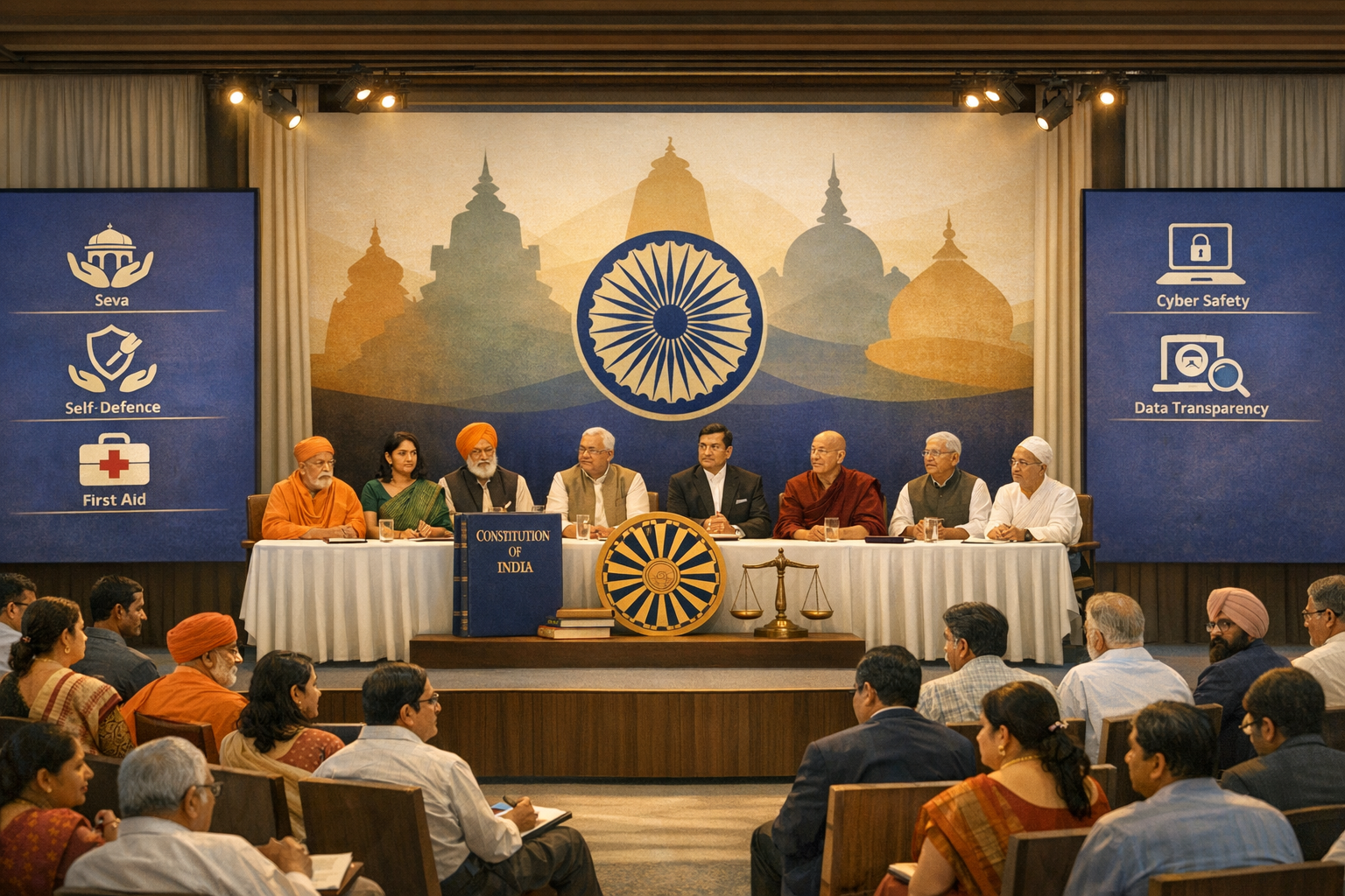 Civic panel of community leaders in India before an Ashoka Chakra backdrop, with a 'Constitution of India' book, scales, and banners on seva, self-defence, first aid, cyber safety, data transparency.