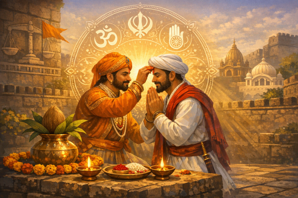 Two men in traditional Indian attire during a tilak ceremony, with diyas, marigolds, and domed temples nearby. A glowing mandala shows Om, Khanda, and a Jain hand, evoking culture and festivals.