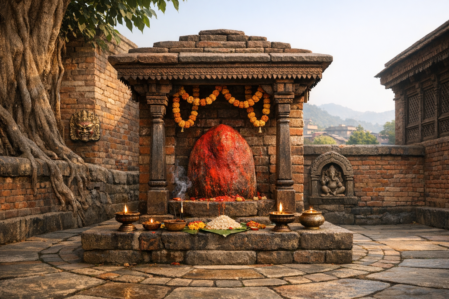 Stone courtyard Hindu shrine with carved canopy and marigold garlands around a vermilion-smeared stone; oil lamps, incense smoke, and rice-and-flower offerings set before distant hills.