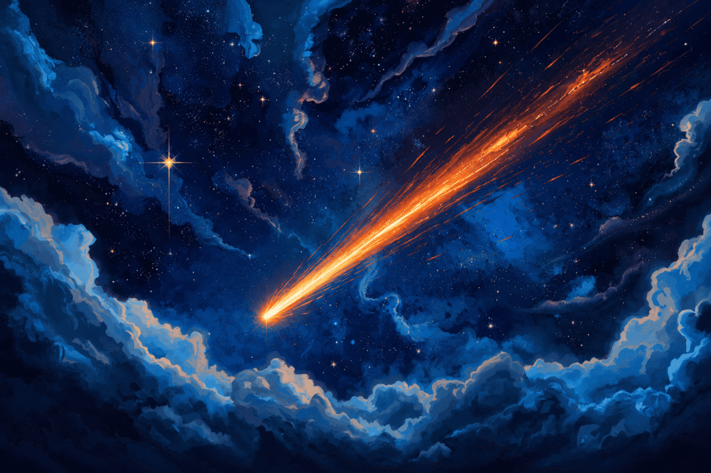 A digital painting of a bright meteor streaking diagonally through a deep blue, star-filled night sky above billowing clouds, its orange trail scattering sparks across the scene.