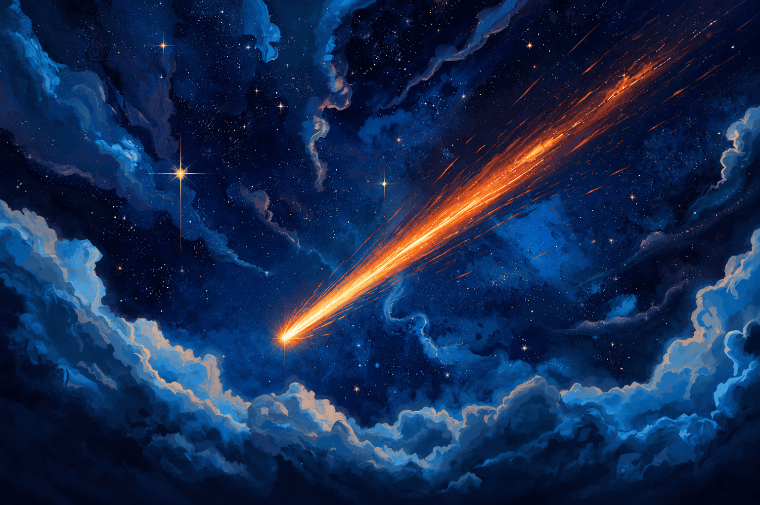 A digital painting of a bright meteor streaking diagonally through a deep blue, star-filled night sky above billowing clouds, its orange trail scattering sparks across the scene.
