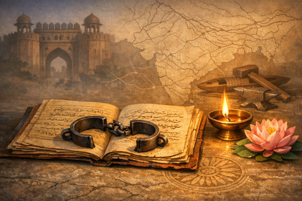 Open weathered book with broken iron shackles on its pages, beside a lit brass diya, pink lotus, and metalworking tools; behind them, a faded map of India and a domed gateway in soft haze.