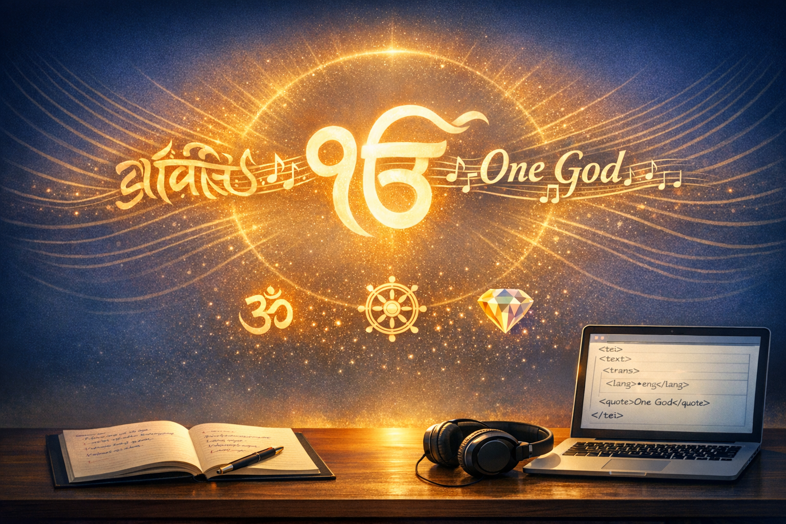 Golden Ik Onkar (ੴ) and 'One God' glow amid musical notes in a cosmic halo above a desk with notebook, headphones, and a laptop showing TEI markup; Om, dharma wheel, and gem icons below.