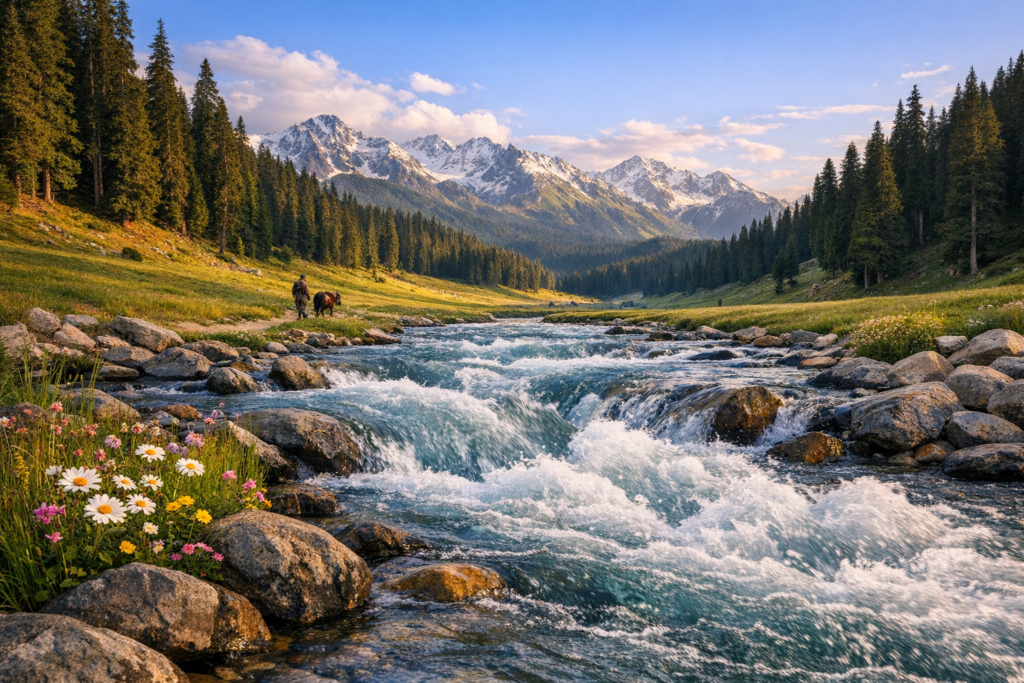 Alpine river cascades over rocks beside wildflowers and a grassy bank, with dense pine forest and snow-capped mountains beyond; a person leads a horse at golden hour, outdoor travel landscape.