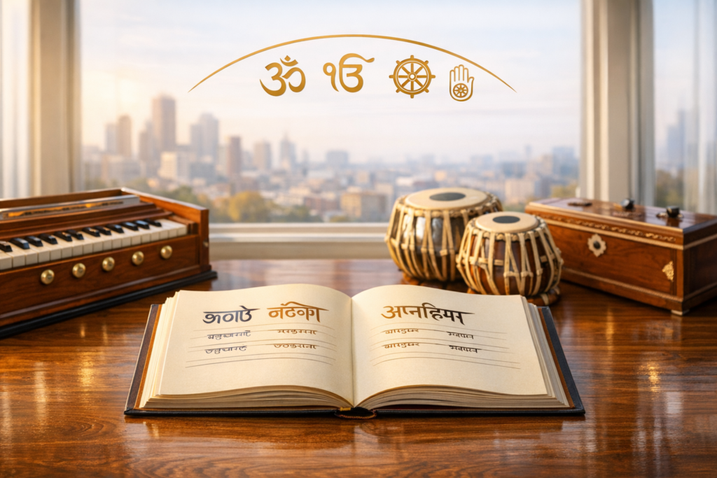 Open Devanagari music book on a polished desk between a harmonium and tabla, city skyline beyond; golden icons of Om, Ik Onkar, Dharma wheel, and Jain hand hover—evoking Indian classical music.