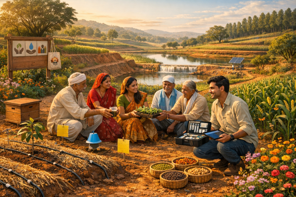 Farmers and an agronomist sit by terraced fields and a pond, exchanging seedlings and seeds; drip irrigation, mulched beds, flowers, and a solar pump show sustainable, climate-smart agriculture.