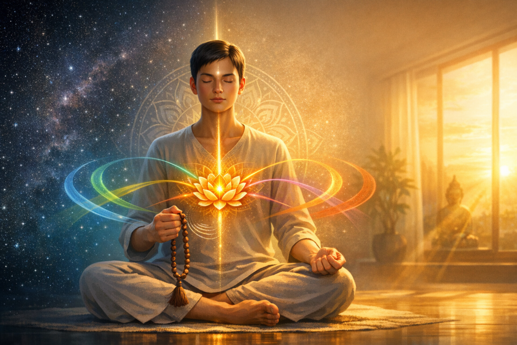 Person meditating in a yoga pose at sunrise, eyes closed, holding mala beads. A glowing golden lotus at the heart radiates colorful energy arcs amid a cosmic backdrop and window light in a calm room.