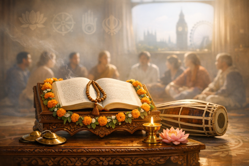Open scripture on a carved wooden stand with mala beads, marigold garland, diya, and lotus, before an interfaith group; a drum rests nearby and Big Ben and the London Eye show through the window.