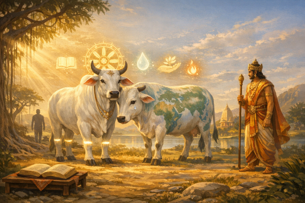 Sunlit riverbank with two sacred cows—one adorned, one Earth-patterned and tearful—beside an open scripture, as a robed ruler watches and icons of dharma, knowledge, water, nature, and fire glow overhead.