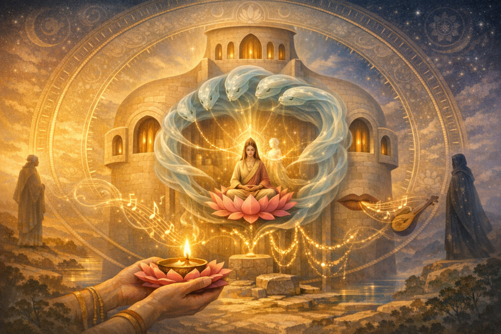Ethereal artwork of a serene woman meditating on a pink lotus before a stone temple, encircled by flowing spirit-like forms, golden lights, and musical notes, as hands present a glowing diya lamp.