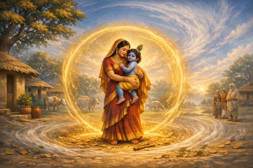 Artwork of Yashoda cradling baby Krishna inside a radiant golden halo at dawn; cows graze near village huts and trees, a flute rests on leaves—Hindu mythology, Vrindavan, bhakti devotion.