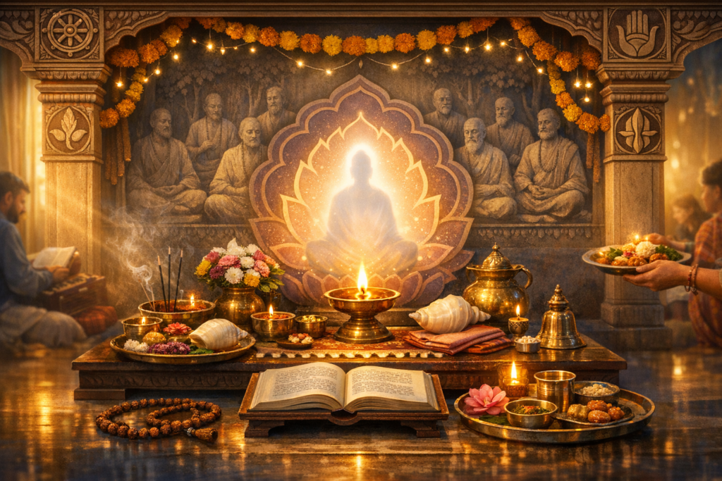 Hindu temple altar with brass diyas, incense, flowers, conch shells, and an open scripture before a glowing lotus; marigold garlands and a mural of meditating sages frame hands presenting prasad.